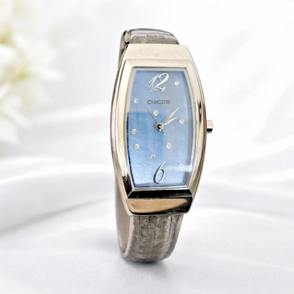 Chico's‎ Art Deco Rhinestone Cuff Watch Black Resin Silver Tone